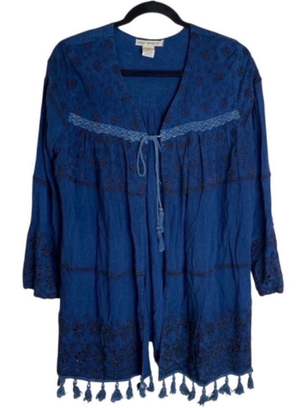 Boho Tassel Tie-Front Peasant Top - Blue